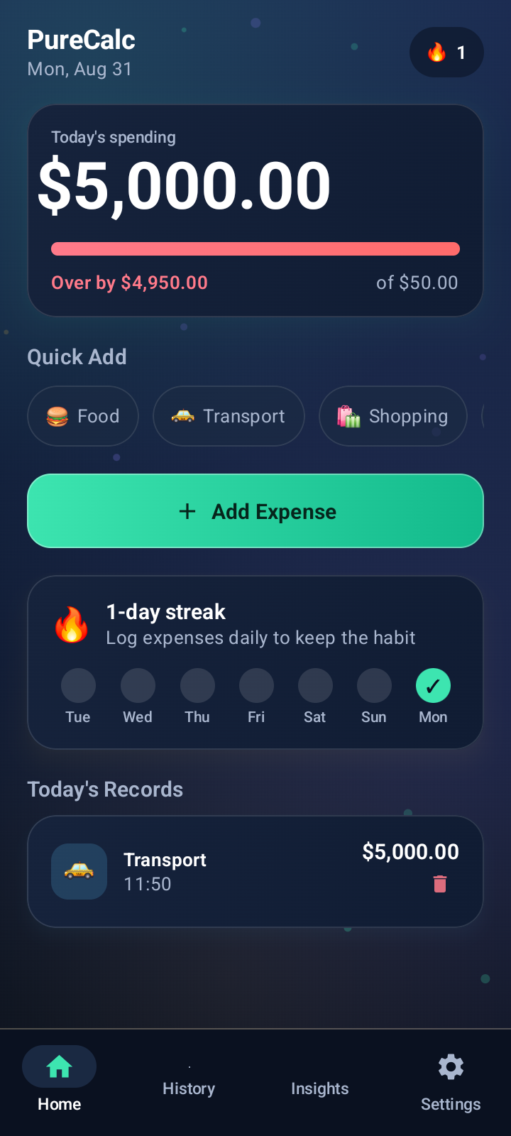 PureCalc home screen
